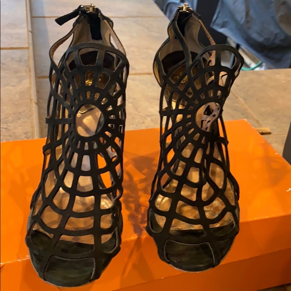 Roberto Cavalli black suede spiderweb zip heels